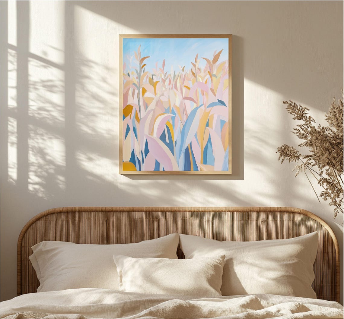 Abstract Pastel Wheat Stalks Blue Sky Modern Botanical Art Print - Image 3