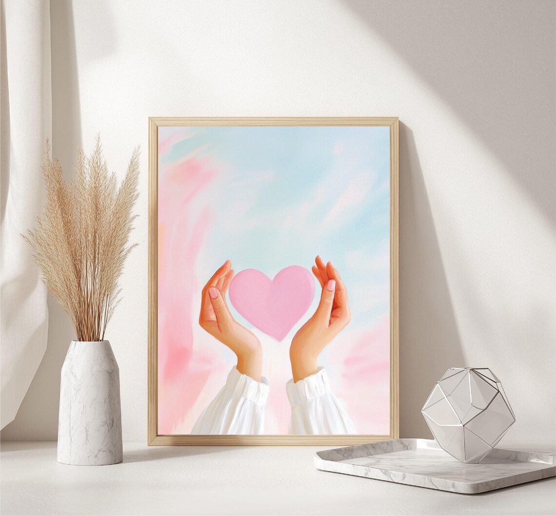 Hands Holding Pink Heart Pastel Watercolor Sky Love Wall Art Poster - Image 4