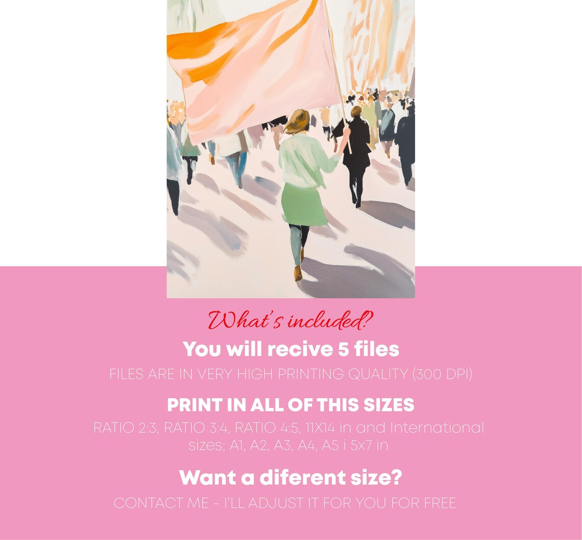 Woman Leading March With Pink Flag Crowd Empowerment Art Poster - Image 4