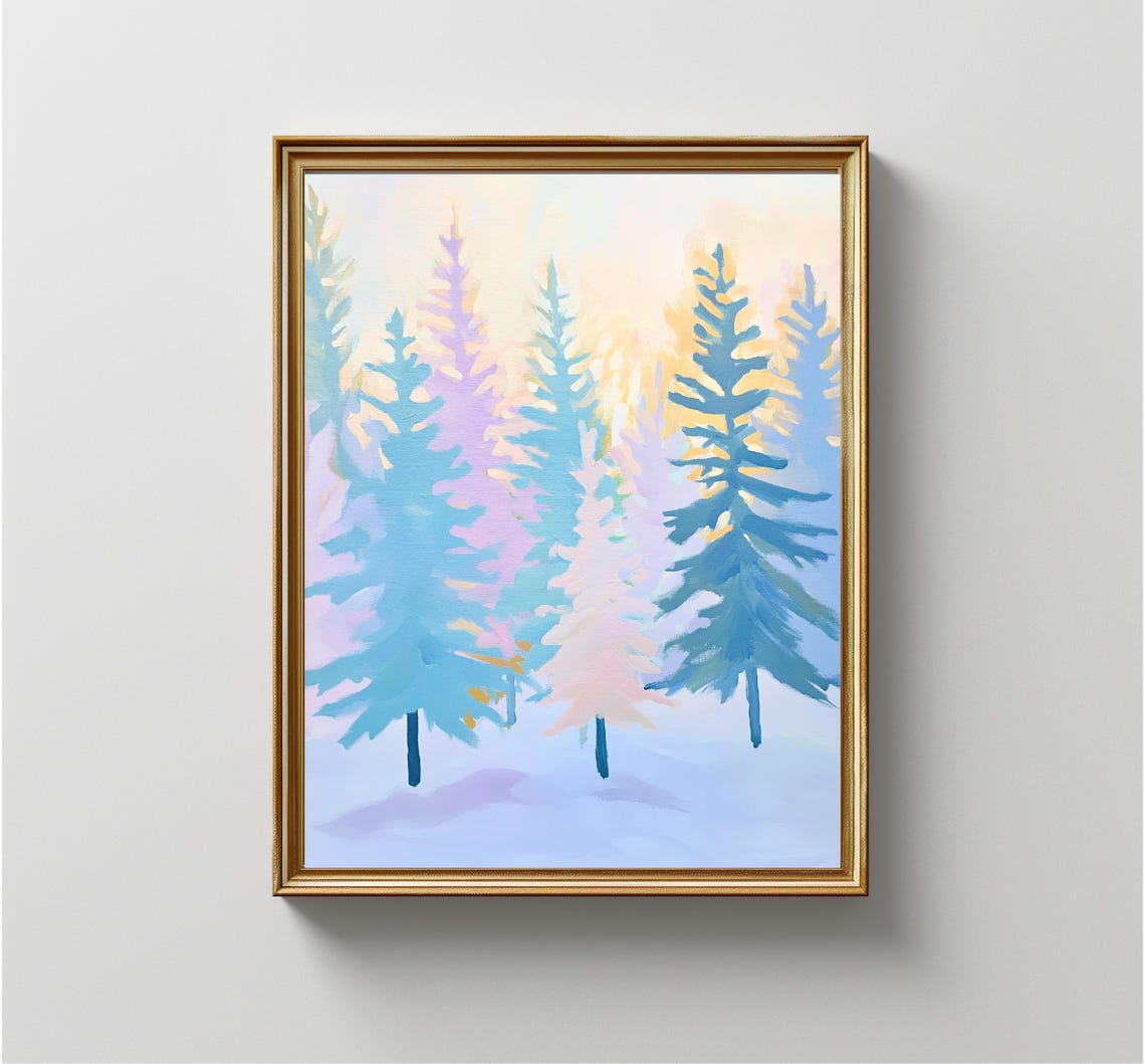 Pastel Winter Pine Forest Snowy Blue Trees Holiday Christmas Wall Art - Image 4