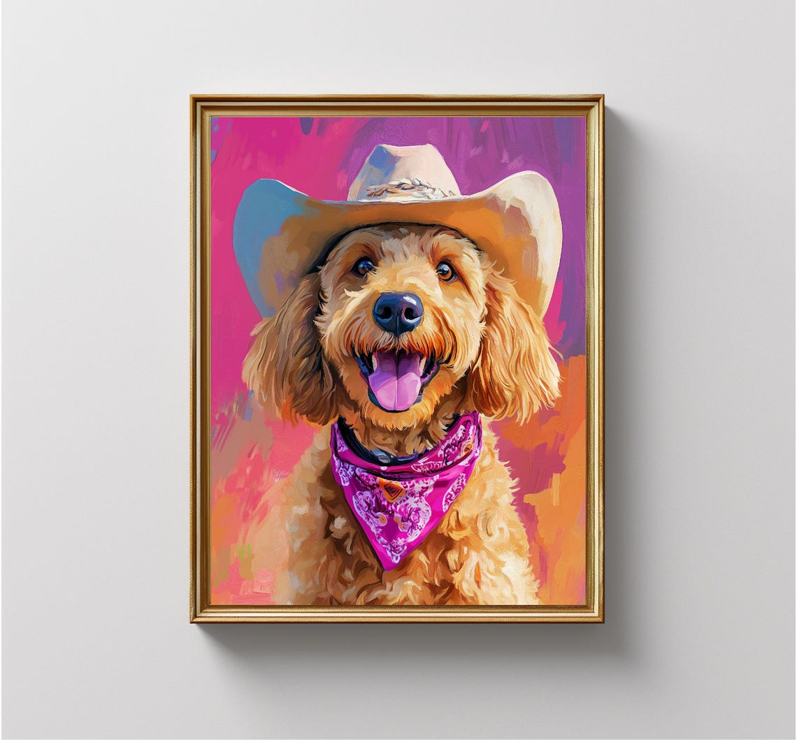 Impressionist Painting Of A Happy Golden Dog With A Cowboy Hat And Pink Bandana Around His Neck For Kids Room Decoration - Image 3