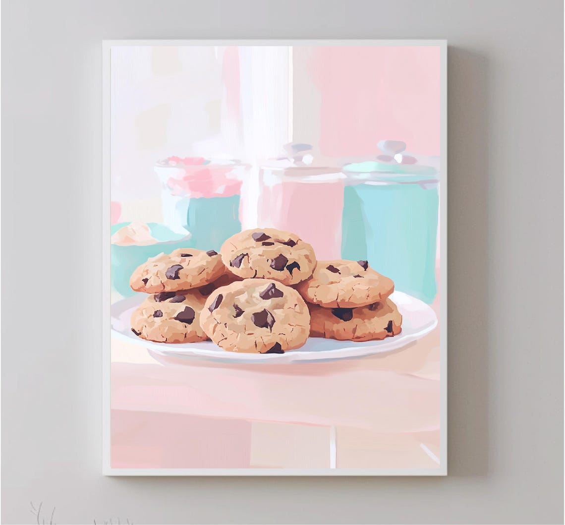 Chocolate Chip Cookies On Plate Pastel Kitchen Food Art Poster