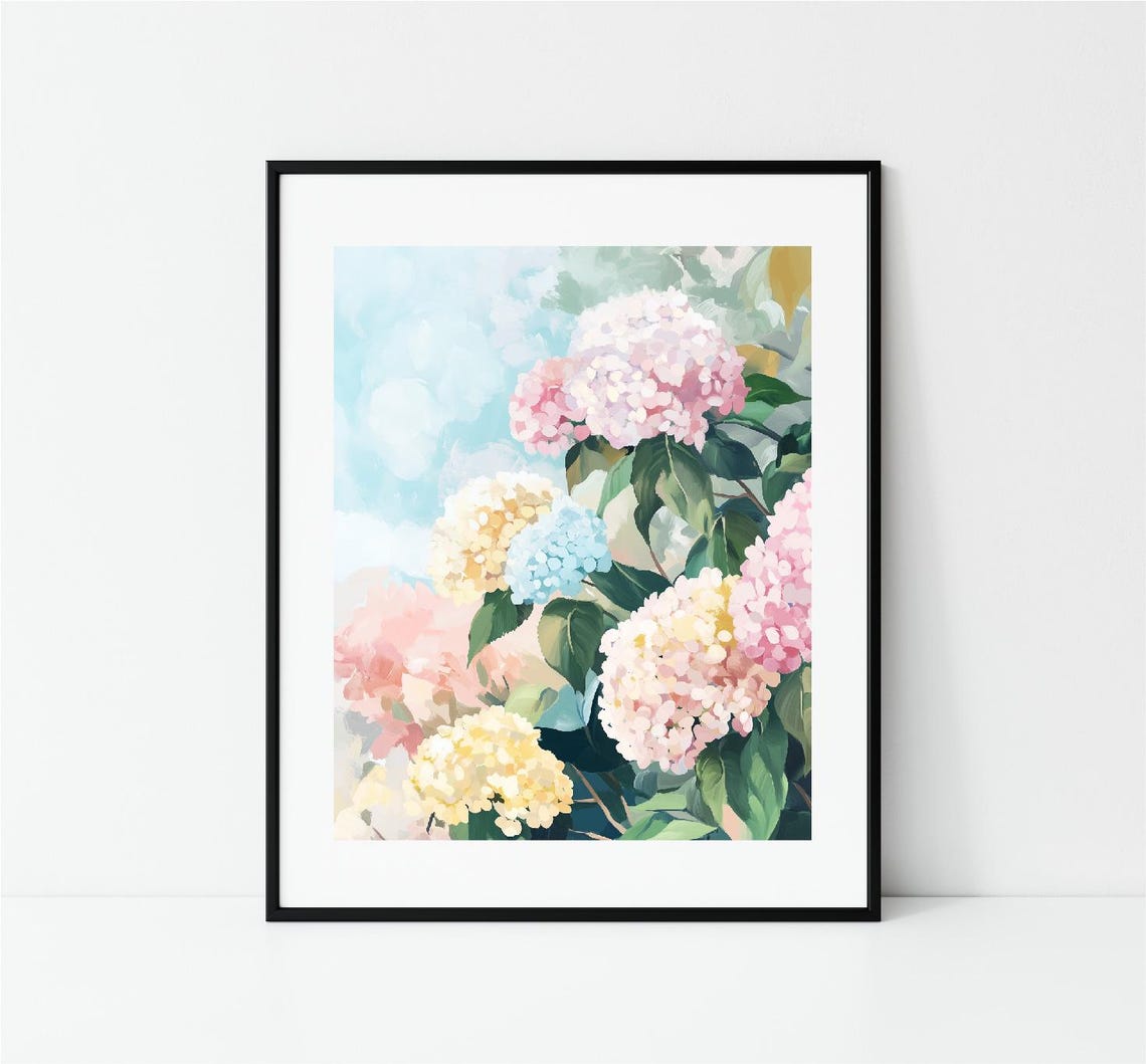 Pastel Hydrangea Bush Pink Blue Yellow Blooms Floral Art Poster - Image 3