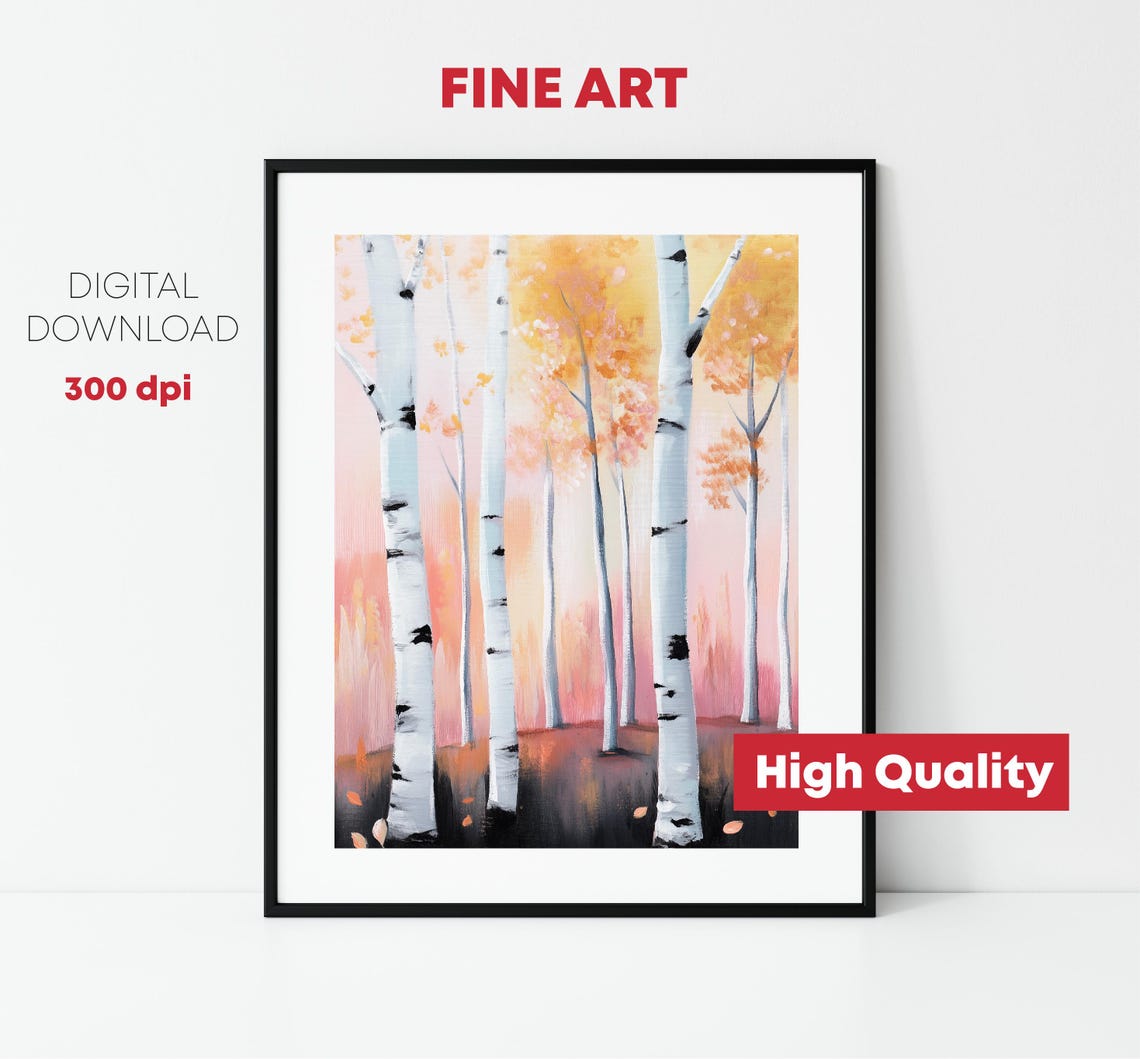Autumn Birch Forest White Trunks Peach Fall Foliage Art Poster - Image 2