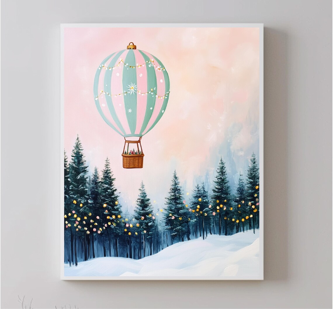 Pastel Hot Air Balloon Over Snowy Forest Pink Sky Holiday Poster