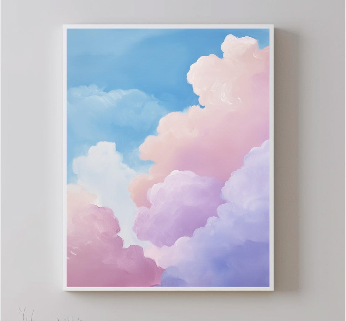 Pastel Pink Clouds Dreamy Blue Sky Calm Soft Landscape Wall Art