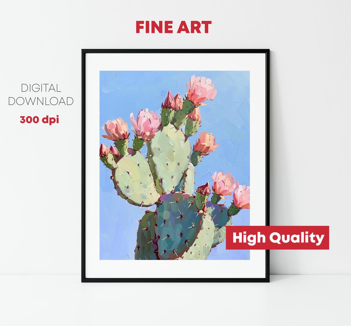 Blooming Prickly Pear Cactus Pink Flowers Blue Sky Botanical Print - Image 2