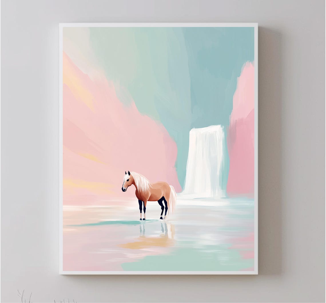 Horse Standing By Waterfall Dreamy Pastel Pink Nursery Wall Art