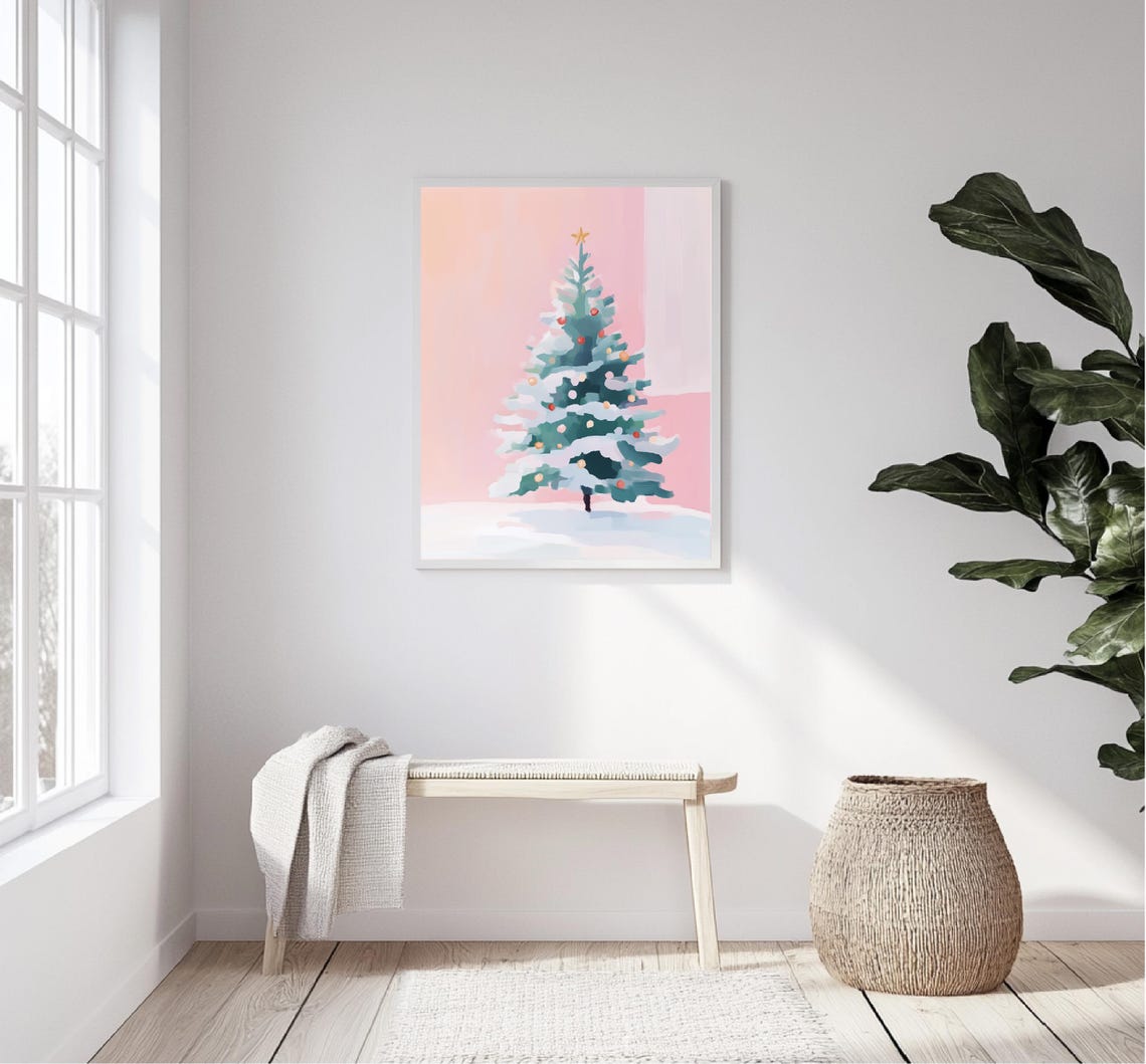 Snowy Christmas Tree Ornaments Pink Background Holiday Art Print - Image 5