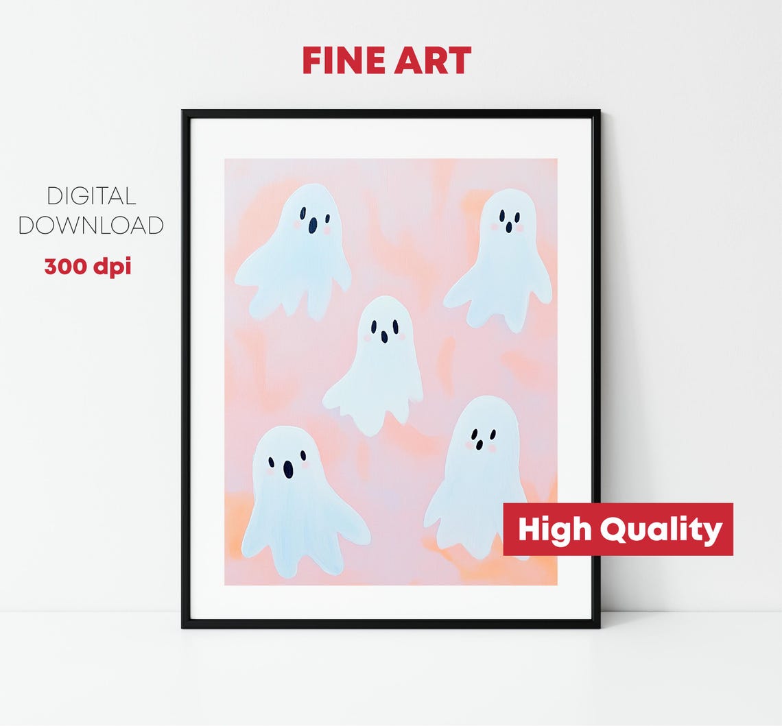 Cute White Ghosts Pink Pastel Halloween Party Kids Art Poster - Image 2