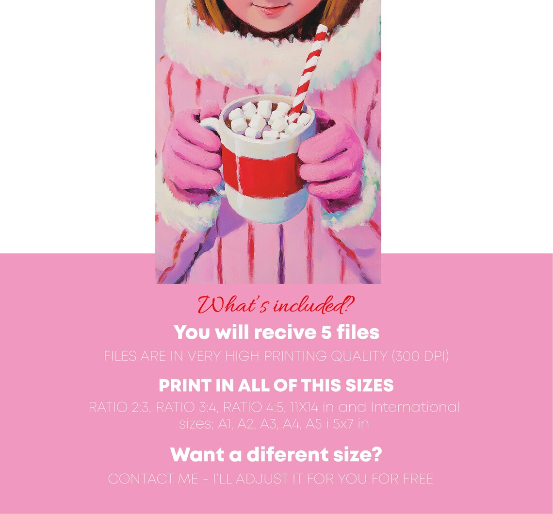 Girl Holding Hot Cocoa Marshmallows Cozy Winter Christmas Art Print - Image 5