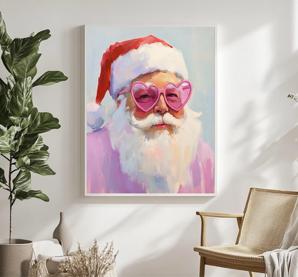 Painting Of Pink Santa Claus Portrait Pink Christmas Art Print Christmas Home Decoration Christmas Card - Image 4