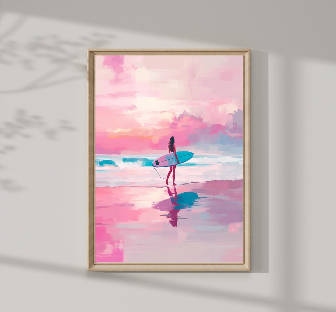 Woman Surfer Pink Beach Sunset Ocean Board Coastal Girl Art Poster