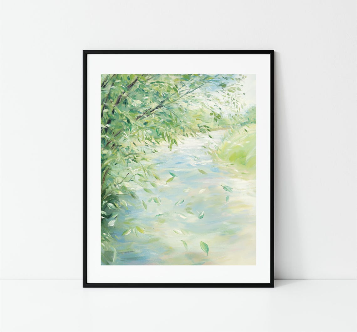 Summer Willow Riverbank Falling Leaves Tranquil Green Wall Art - Image 3