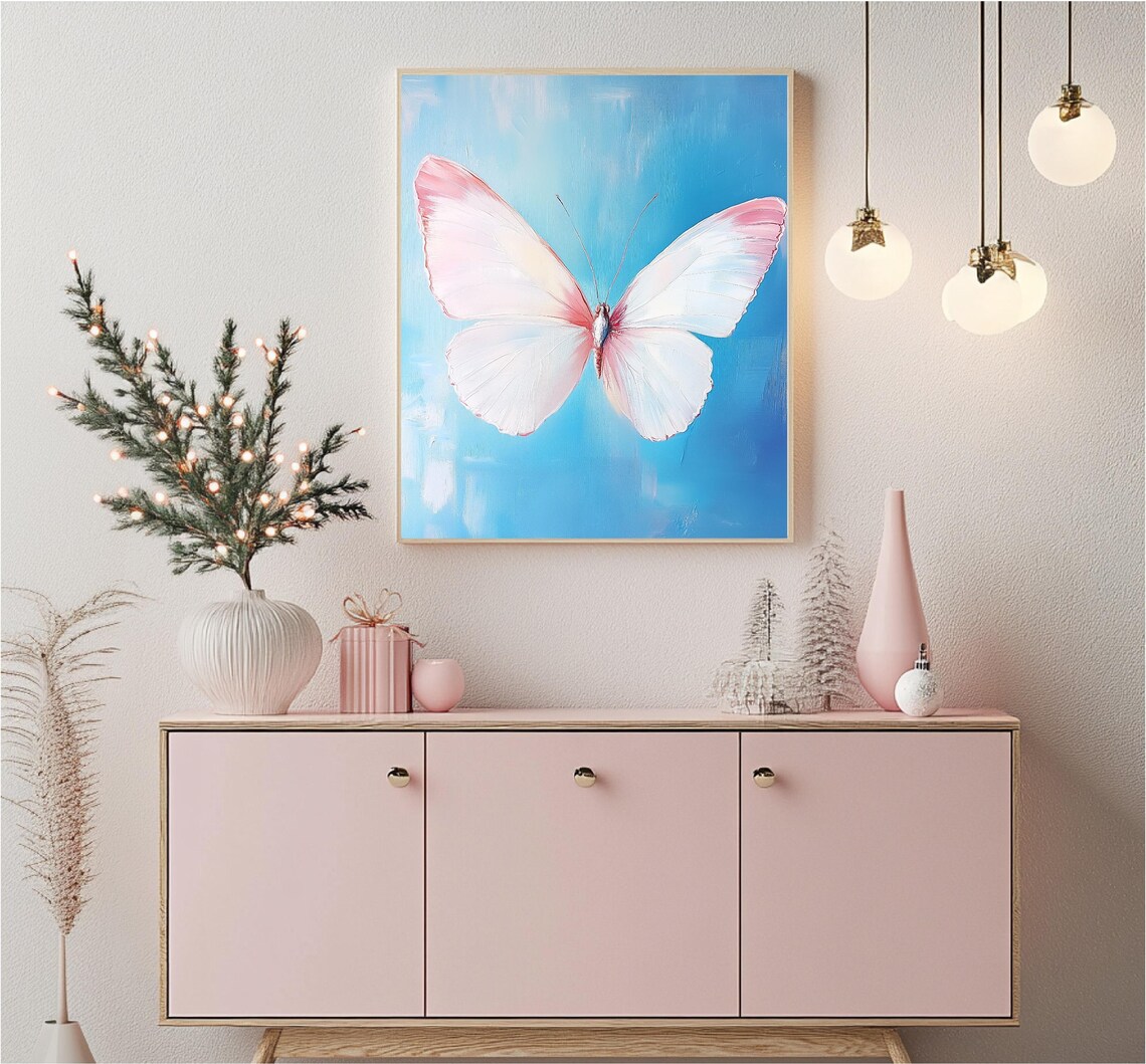 Pink And White Butterfly On Blue Background Nature Art Poster - Image 4