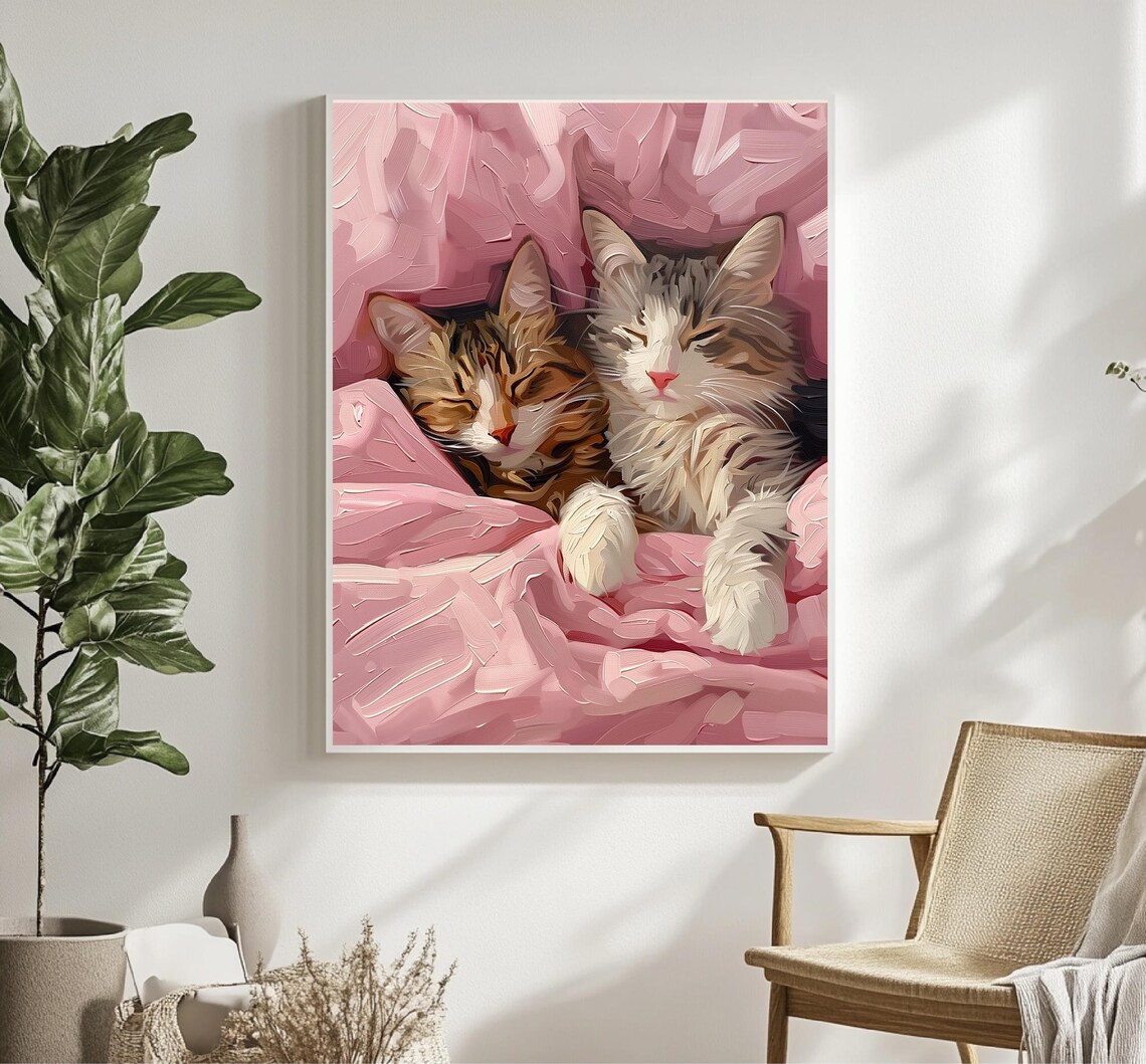 Two Kittens Cuddling Pink Blanket Sleepy Cats Oil Painting Poster - Image 3