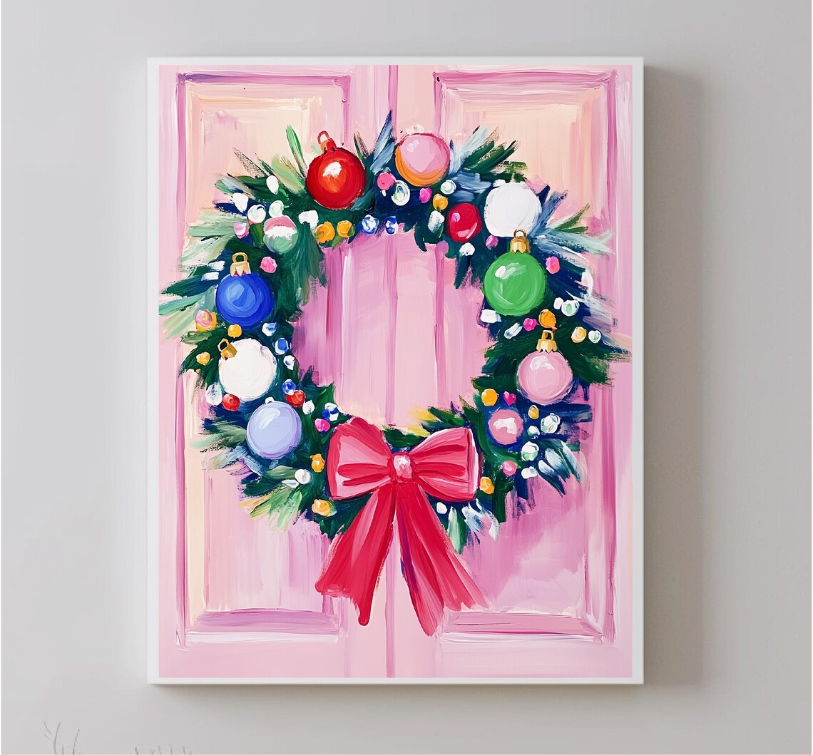 Christmas Wreath Colorful Ornaments Red Bow Pink Door Holiday Print
