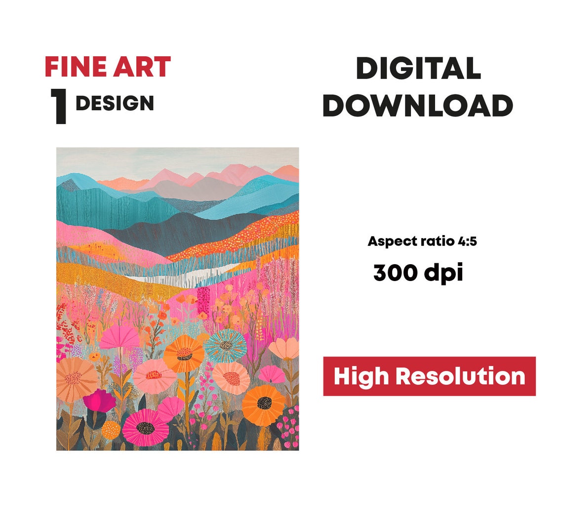 Colorful Patchwork Mountain Meadow Wildflower Abstract Wall Art - Image 2