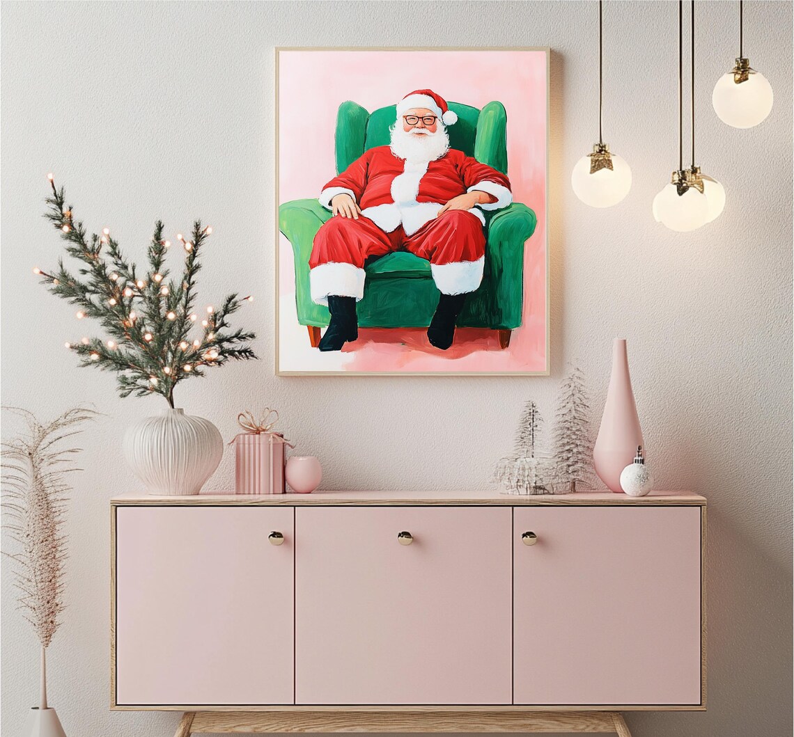 Santa Claus Relaxing Green Armchair Pink Christmas Portrait Poster - Image 4