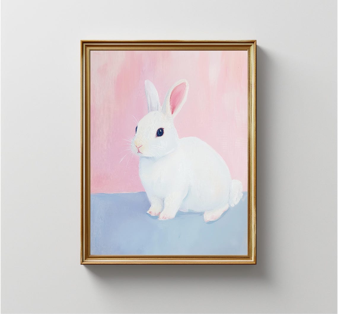 Cute White Bunny Rabbit Pink Blue Pastel Nursery Kids Room Print - Image 4