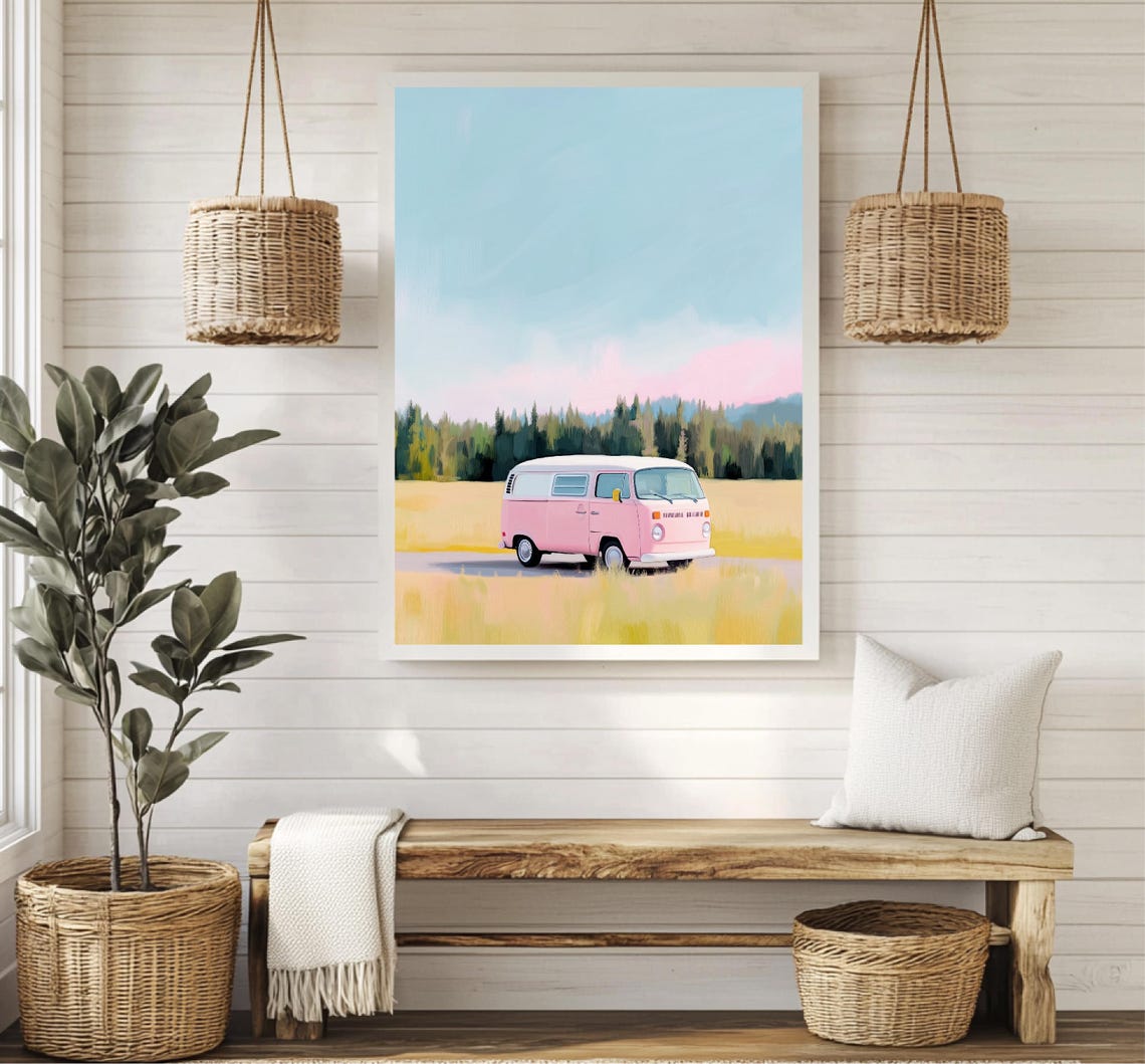 Pink Vintage Van In Golden Meadow Pastel Road Trip Art Poster - Image 2