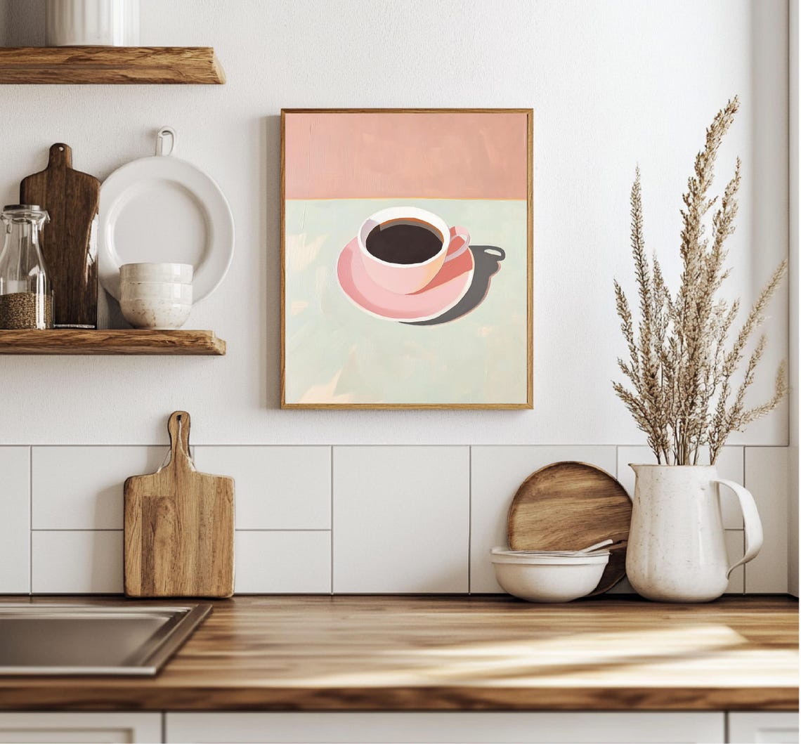 Pink Cup Of Black Coffee On Saucer Pastel Kitchen Drink Art Poster - Image 2