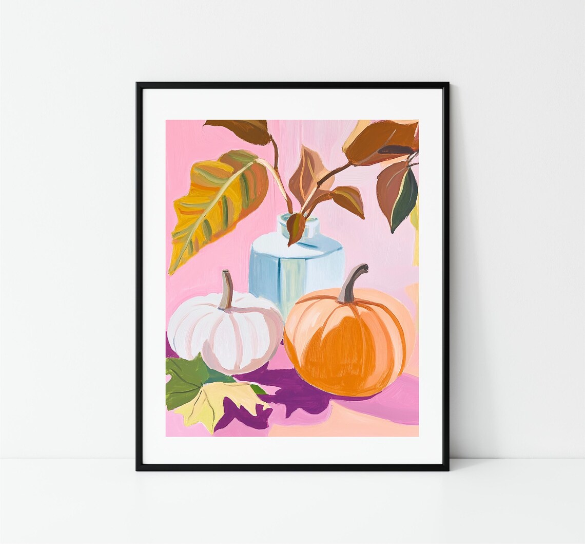 Pink Pumpkins Still Life With Vase Fall Leaves Autumn Harvest Art Print - Image 3