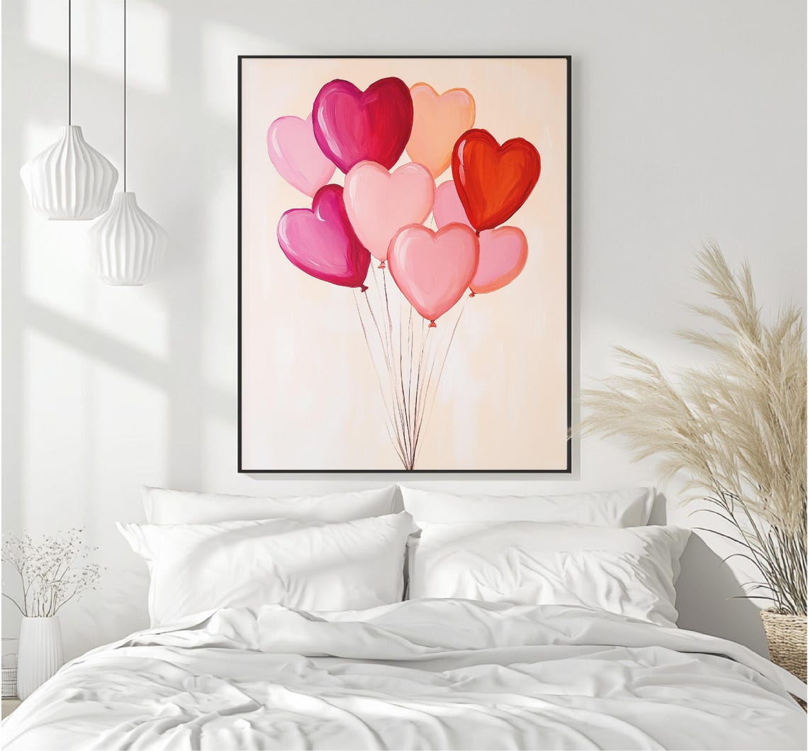 Heart Shaped Balloons Bunch Pink Red Valentine Love Wall Art - Image 3