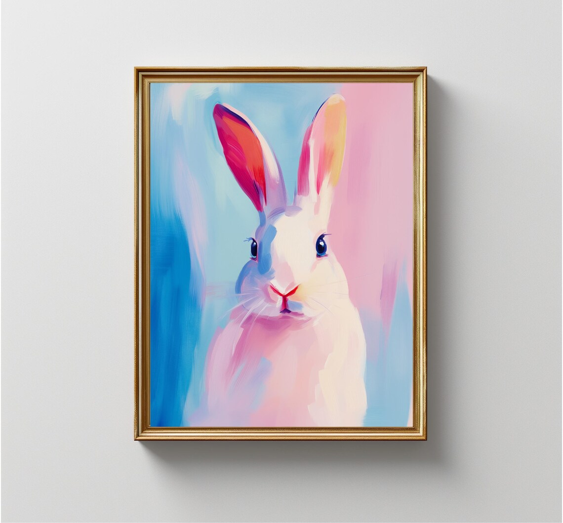 White Bunny Portrait Pink Blue Pastel Nursery Kids Room Wall Art - Image 4
