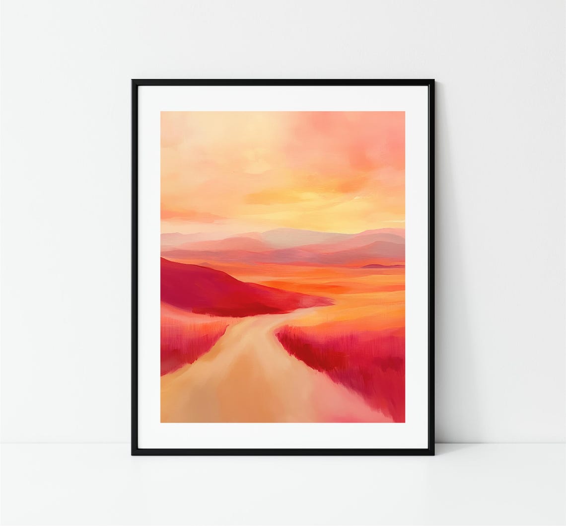 Fiery Sunset Desert Path Red Orange Abstract Landscape Art Print - Image 3