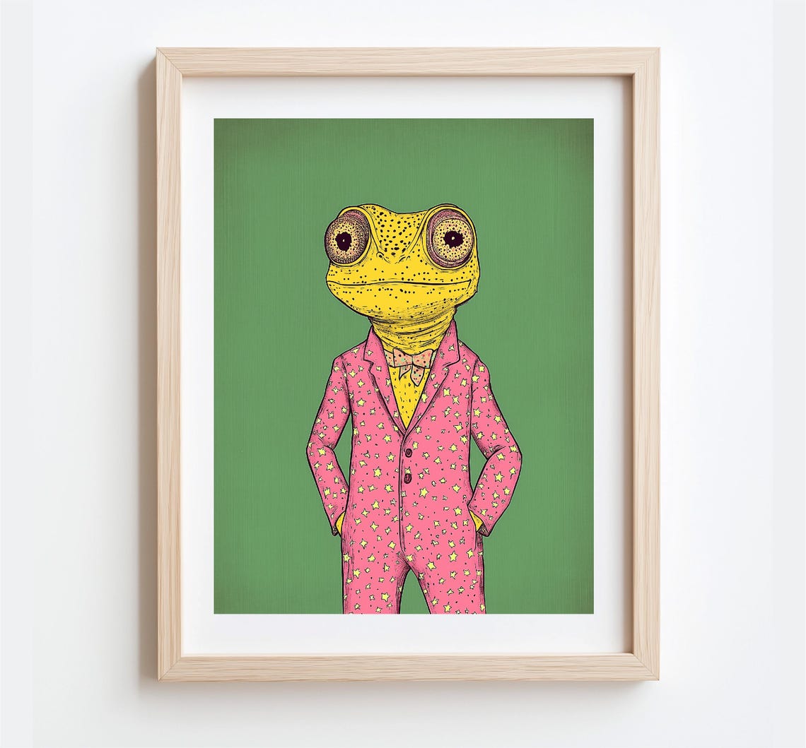 Retro Anthropomorphic Chameleon With Cute Pajamas Wall Art Retro Animal Watercolor Trending - Image 2