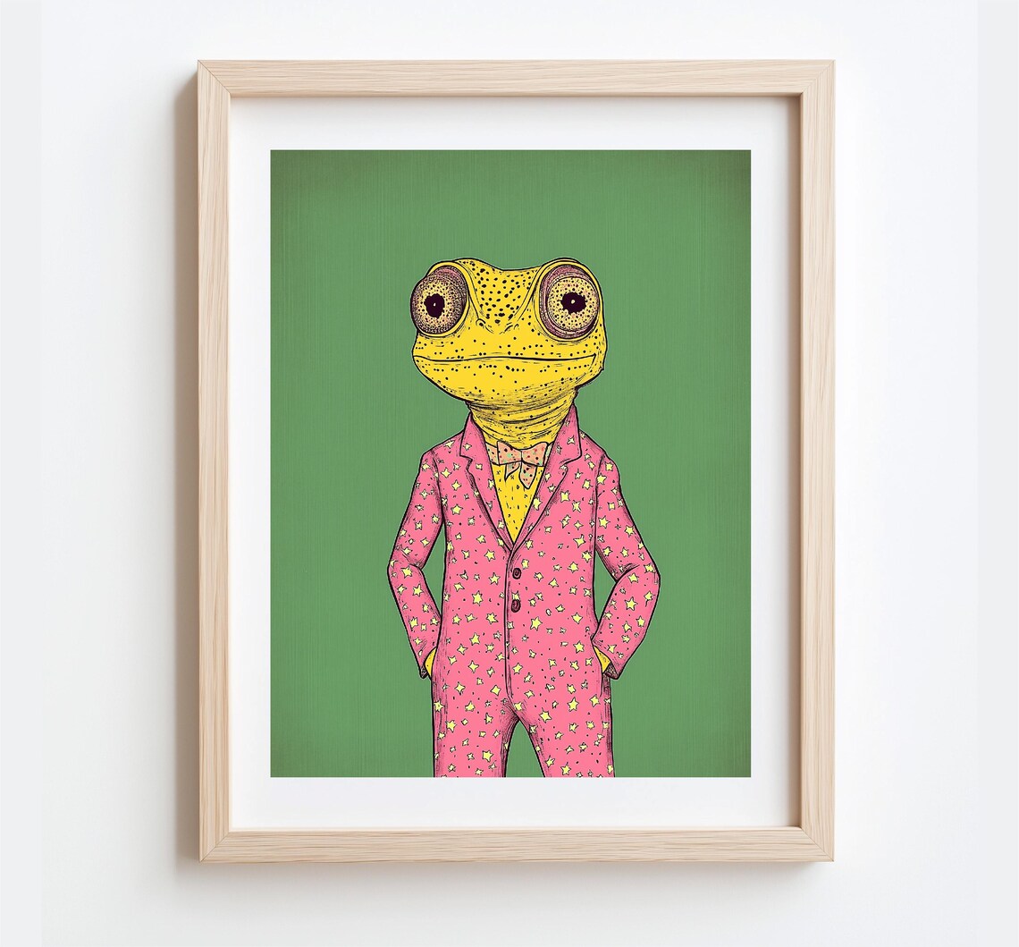 Retro Yellow Frog In Pink Star Suit Funny Animal Illustration Poster - Image 2