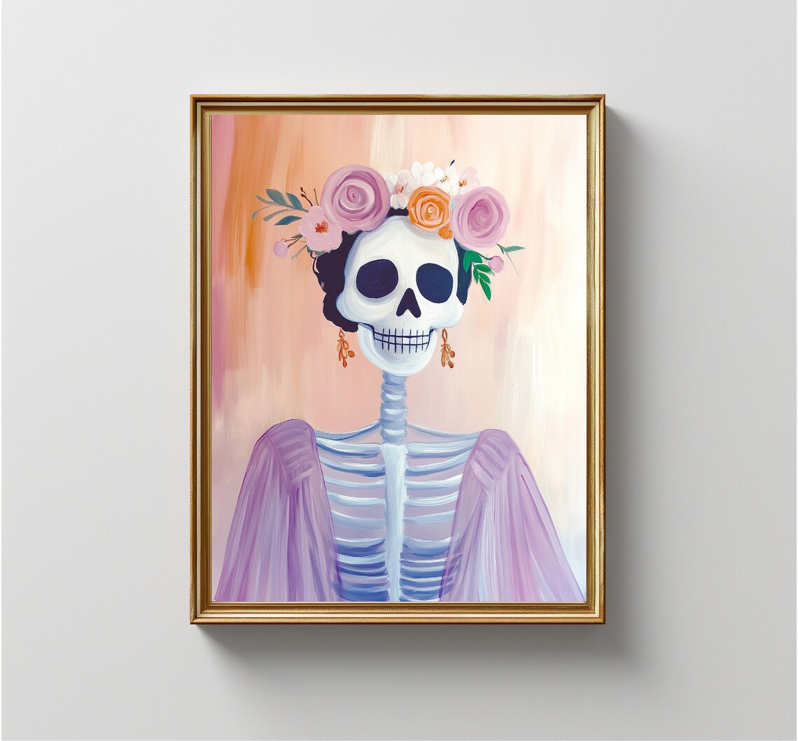 Floral Crown Skeleton Woman Day Of The Dead Pastel Art Print - Image 3
