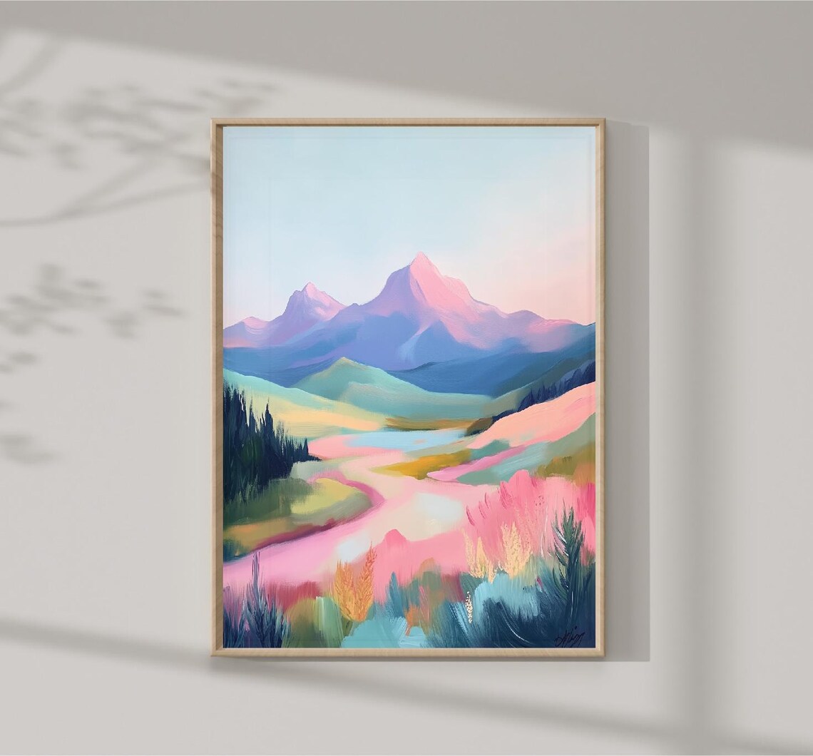 Pastel Mountain Valley Pink Peaks Winding Meadow Path Art Print