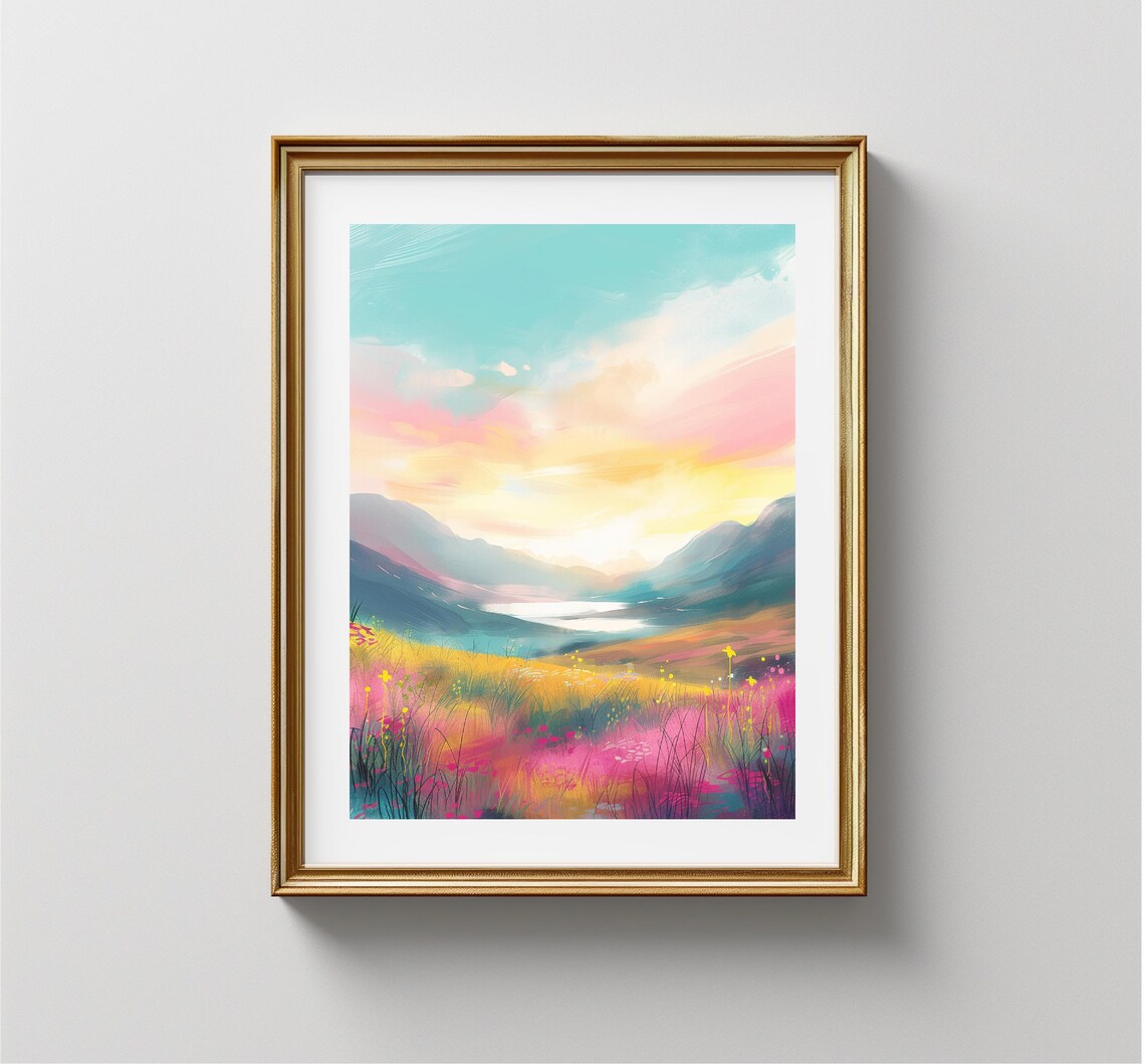 Wildflower Meadow Sunrise Mountain Lake Colorful Landscape Art Print - Image 4