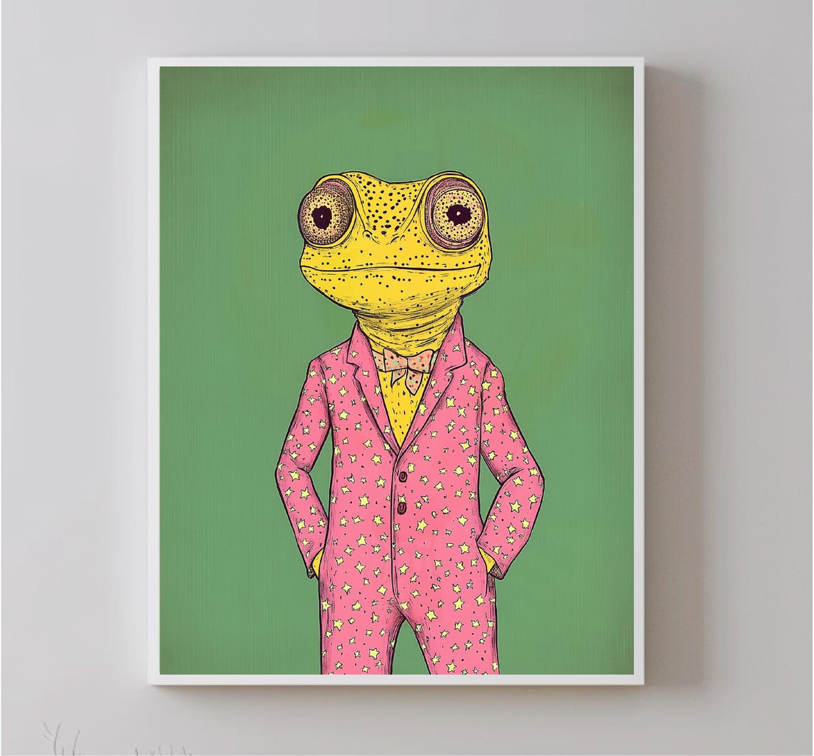 Retro Anthropomorphic Chameleon With Cute Pajamas Wall Art Retro Animal Watercolor Trending