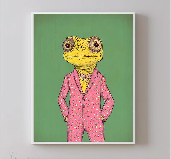 Retro Anthropomorphic Chameleon With Cute Pajamas Wall Art Retro Animal Watercolor Trending