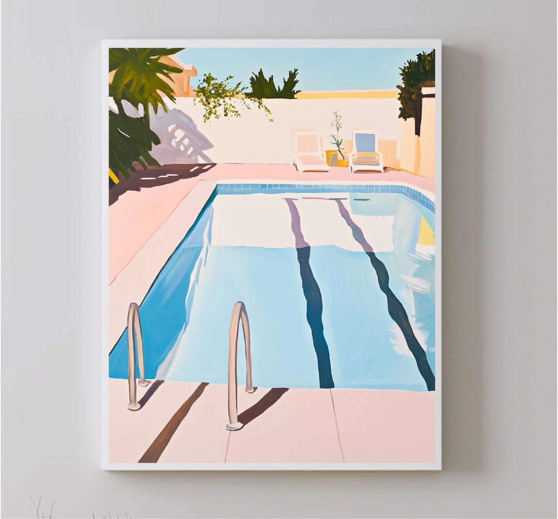 Retro Swimming Pool Pink Deck Blue Water Palm Trees Summer Art Print - Image 5