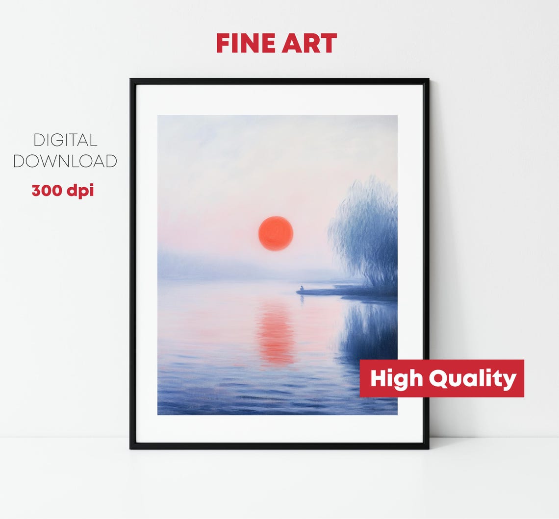 Red Sun Rising Over Misty Blue Lake Dawn Water Landscape Print - Image 2