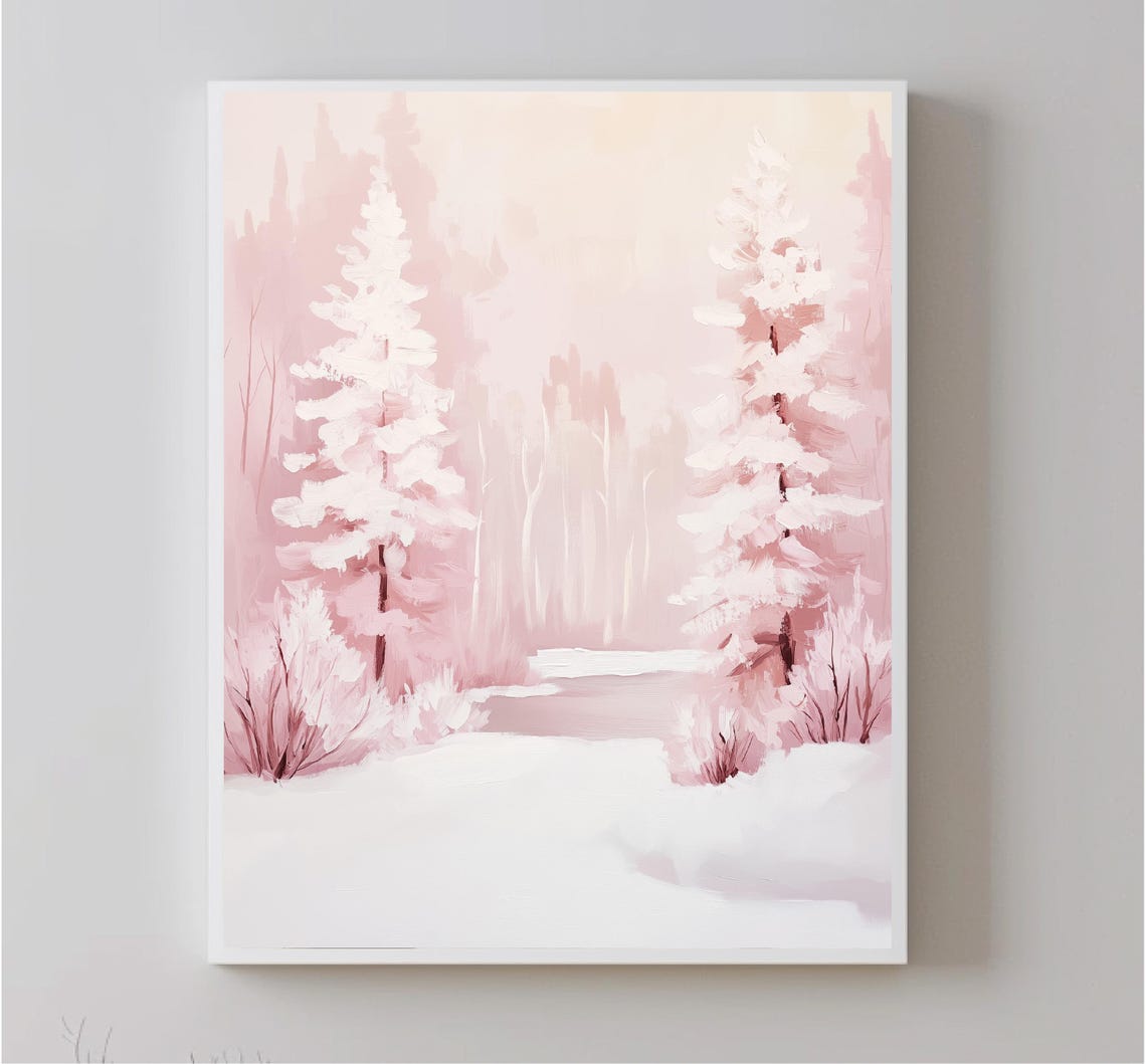 Blush Pink Winter Forest Snowy Pines Dreamy Holiday Scene Poster