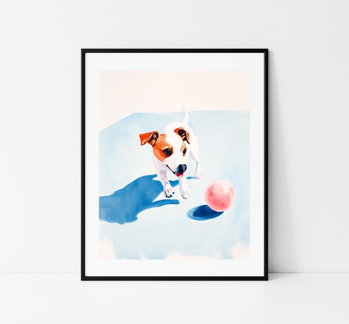 Jack Russell Terrier Puppy Playing With Pink Ball Pastel Dog Art Print - Image 3