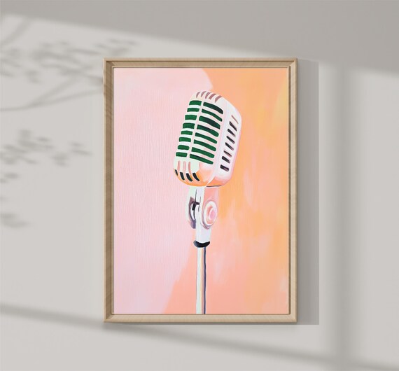 Vintage Retro Microphone Pink Orange Background Music Art Print