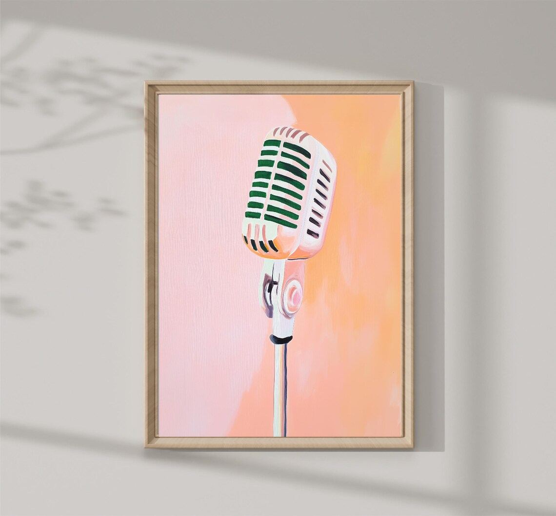 Vintage Retro Microphone Pink Orange Background Music Art Print