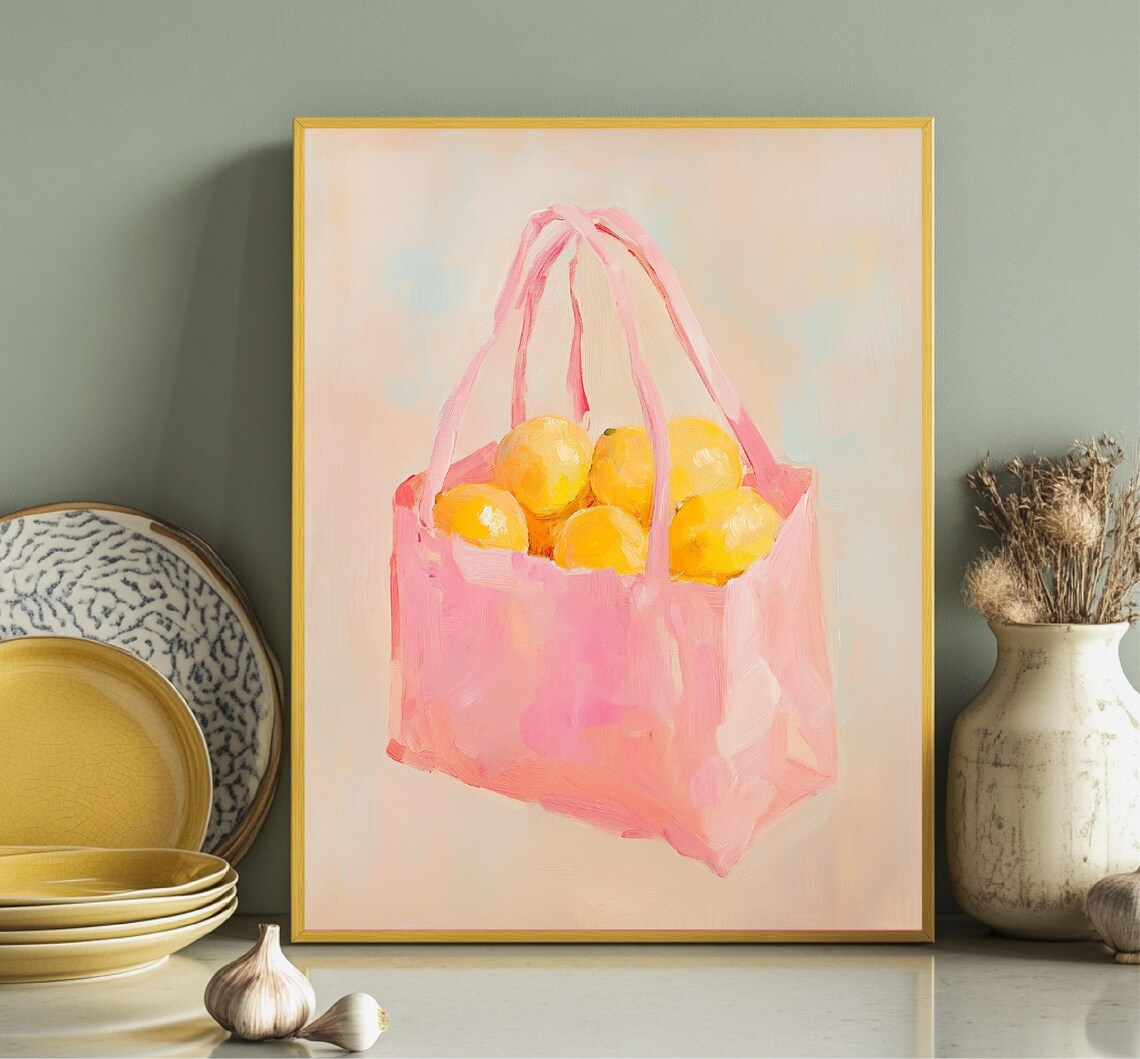 Pink Tote Bag Full Of Yellow Lemons Pastel Kitchen Still Life Poster - Image 2