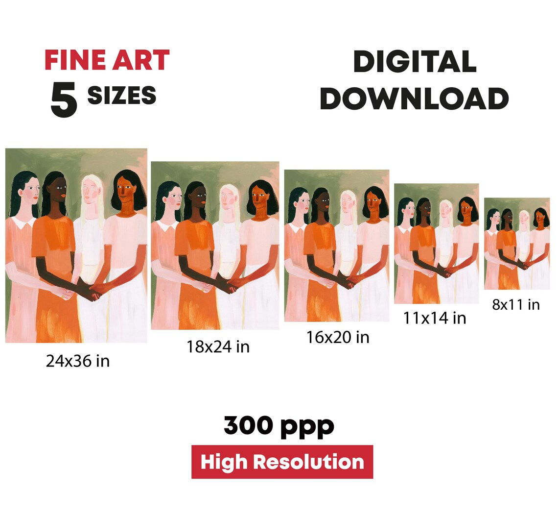 Four Diverse Women Friends Holding Hands Modern Illustration Print - Image 4