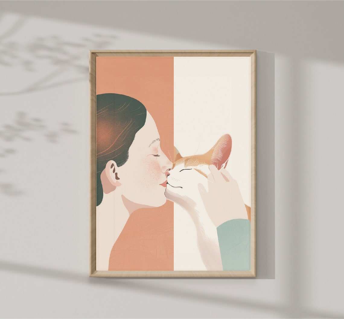 Sweet Tender Woman Kissing Cat Nose Modern Illustration Art Print