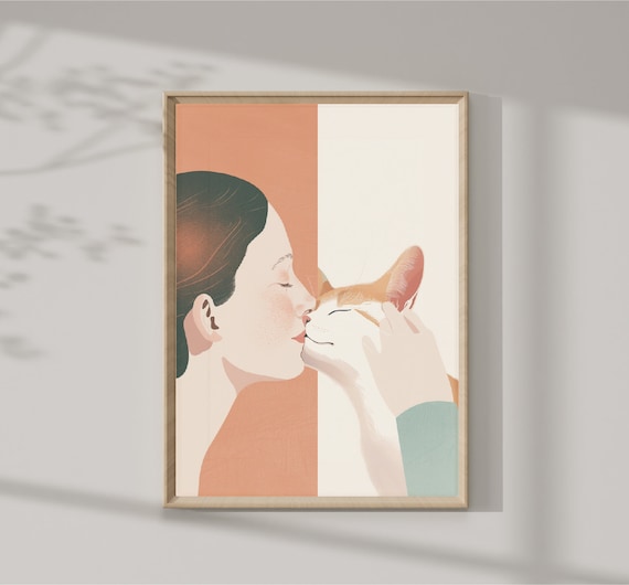 Sweet Tender Woman Kissing Cat Nose Modern Illustration Art Print