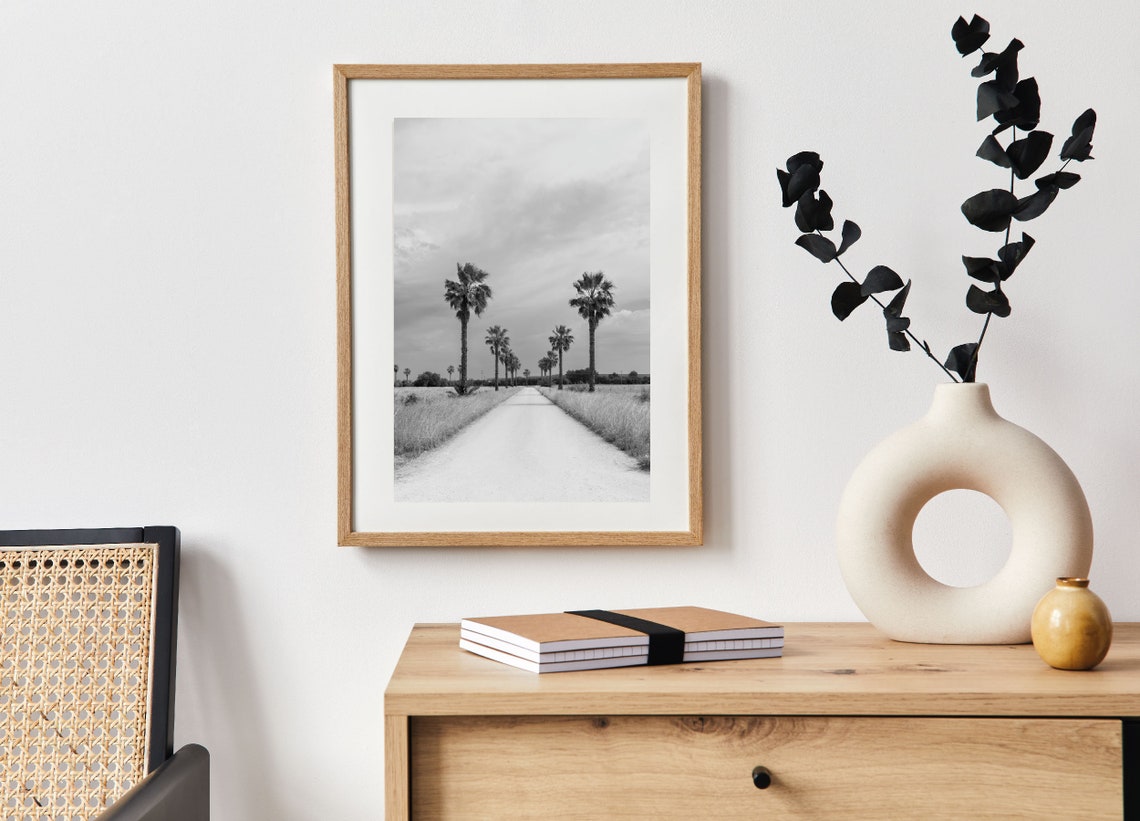 Black And White Palm Tree Lined Rural Road Minimalist Travel Poster - Image 2