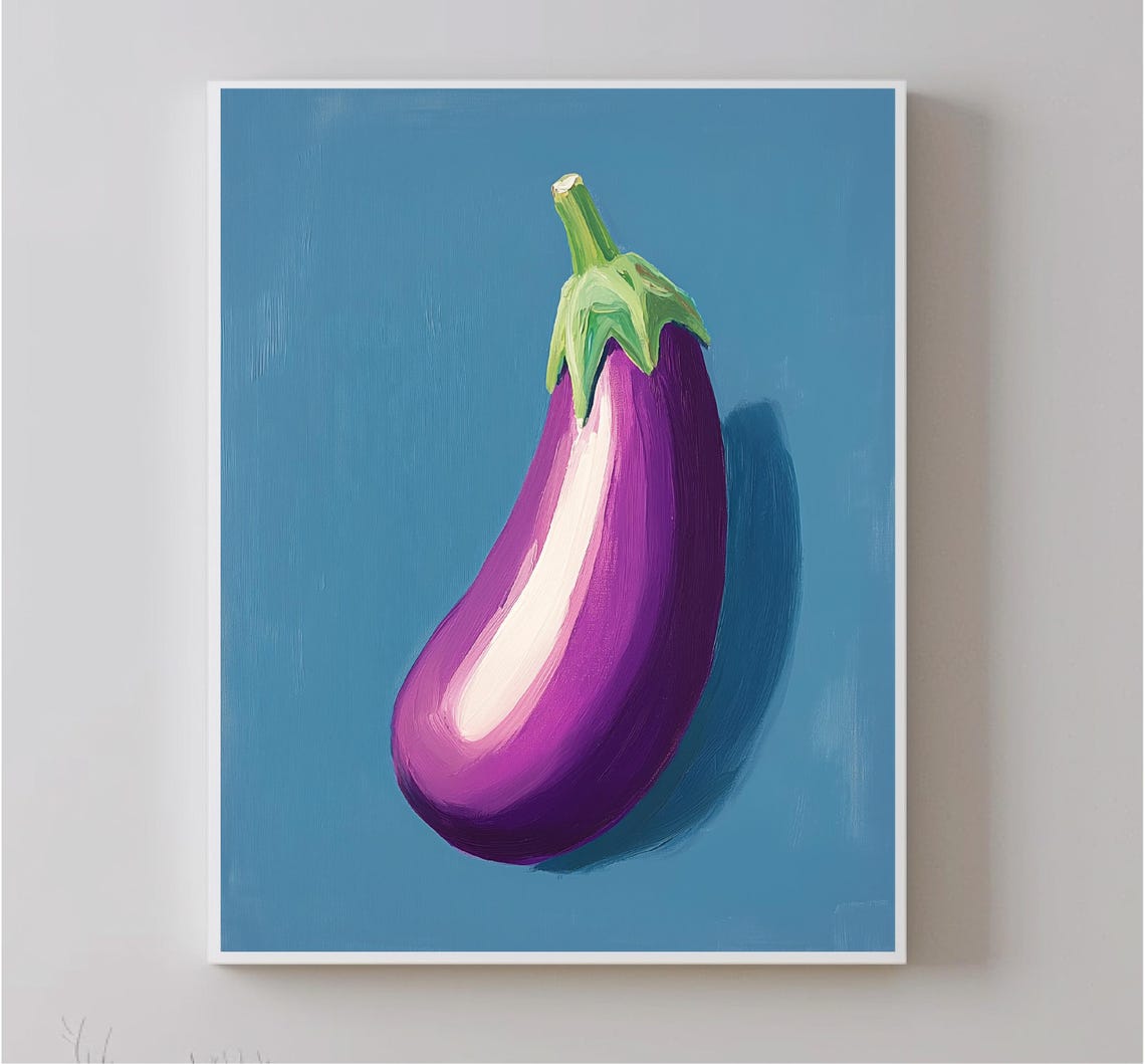 Purple Eggplant On Blue Background Bold Vegetable Still Life Poster