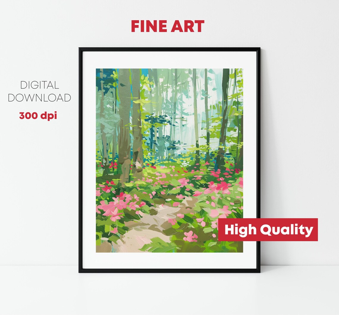 Sunlit Forest Path Pink Wildflowers Impressionist Nature Poster - Image 2